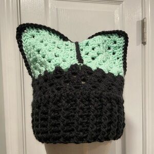 Handmade Crochet Cat Animal Ear Beanie Hat Cozy Ribbed Brim Stretch Winter Hat